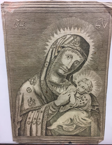 17th Century copper plate engraving ?Mother of God."