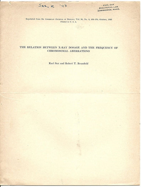 The Relation between X-Ray Dosage and the Frequency of Chromosomal Aberrations
