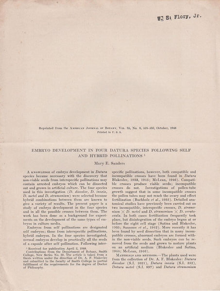 Embryo Development in Four Datura Species Following Self and Hybrid Pollinations