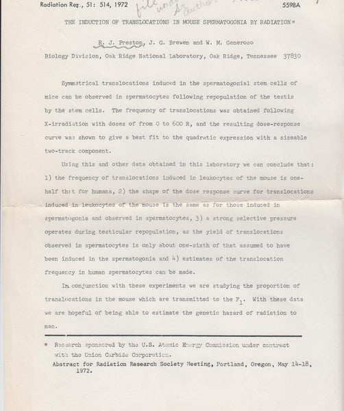 The Induction of Translocations in Mouse Spermatogonia by Radiation