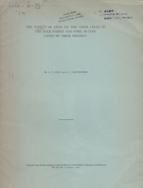 The effect of lead on the germ cells of the Male Rabbit and Fowl as Indicated by their Progeny