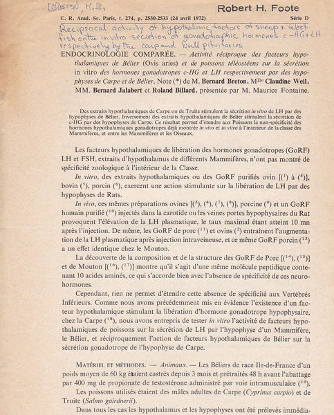 Activite reciproque des facteurs hypothalamiques de Belier (ovis aries) et de poissons teleosteens sur la secretion in vitro des hormones gonadotopes c-HG et LH respectivement par des hypophyses de carpe et de Belier