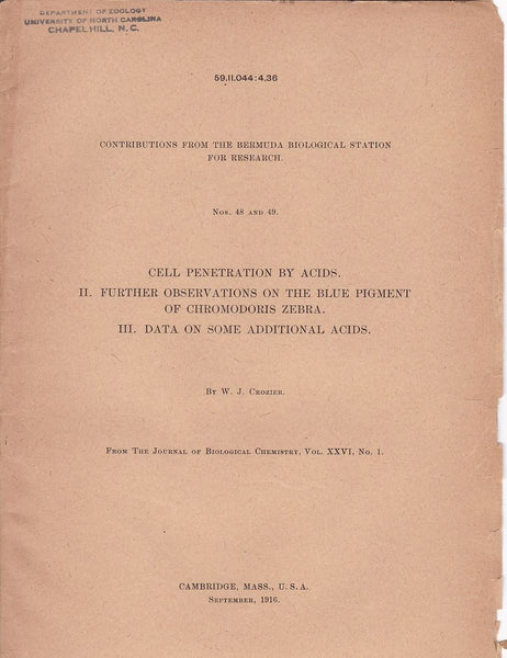 Cell penetration by acids. II. Further observations on the Blue Pigment of Chromodoris Zebra. III. Data on some additional acids