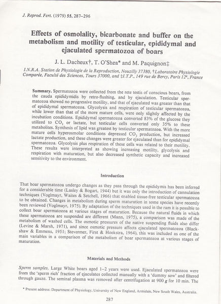 Effects of Osmolality, bicarbonate and buffer on the metabolism and motility of testicular, epididymal and ejaculated spermatozoa of boars