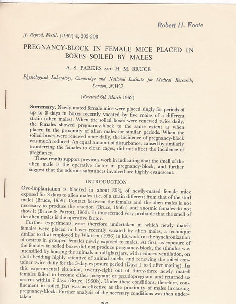 Pregnancy-Block in Female Mice Placed in Boxes Soiled by Males