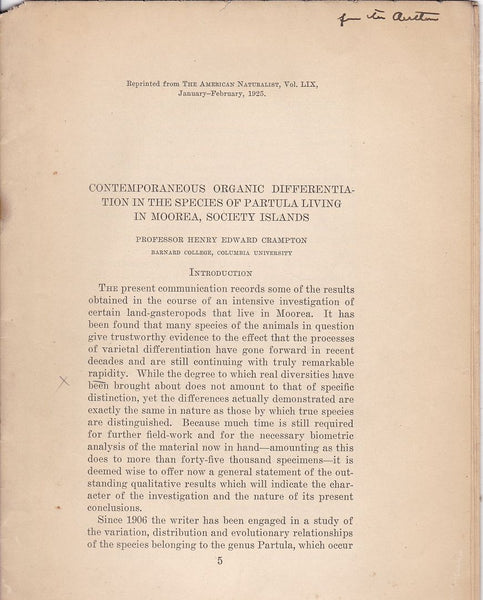 Contemporaneous Organic Differentiation in the Species of Partula Living In Moorea, Society Islands