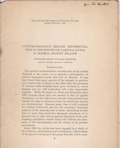 Contemporaneous Organic Differentiation in the Species of Partula Living In Moorea, Society Islands