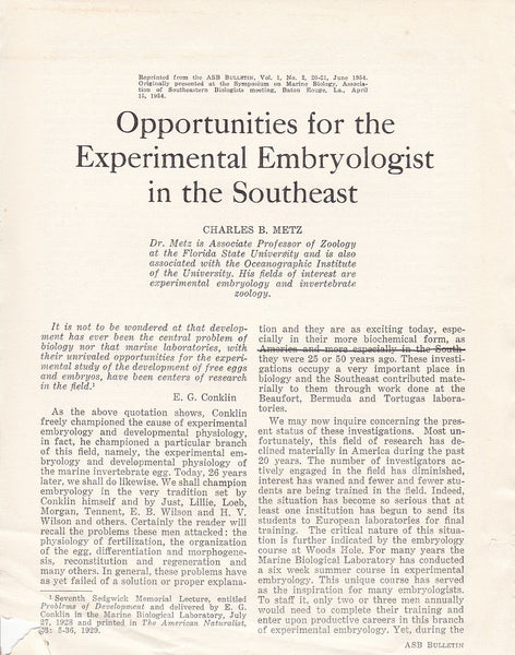 Opportunities for the Experimental Embryologist in the Southeast