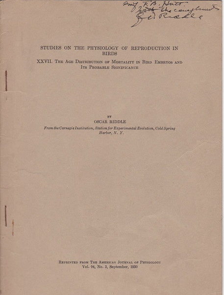 Studies on the Physiology of Reproduction in Birds XXVII. The Age Distribution of Mortality in Bird Embryos and its Probable significance