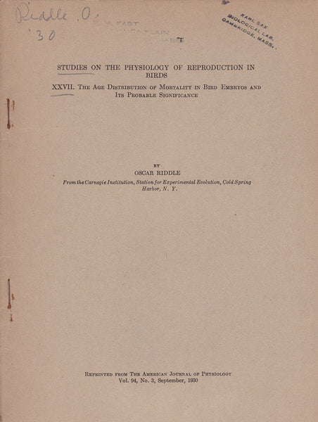 Studies on the Physiology of Reproduction in Birds XXVII. The Age Distribution of Mortality in Bird Embryos and its Probable significance