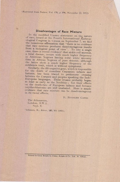 Disadvantages of Race Mixture.  by Gates, R. Ruggles