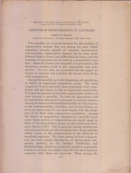 Aspects of Regeneration in Annelids  by Hyman, Libbie H.