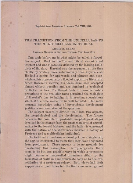 The Transition from the Unicellular to the Multicellular Individual.  by Hyman, Libbie H.