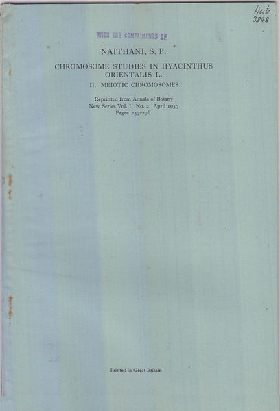 Chromosome Studies in Hyacinthus Orintalis L., II. Meiotic Chromosomes.  by Naithani, S.P.