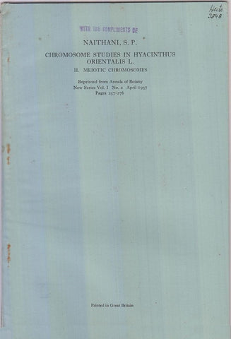 Chromosome Studies in Hyacinthus Orintalis L., II. Meiotic Chromosomes.  by Naithani, S.P.