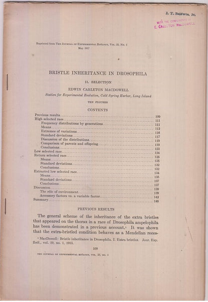 Bristle Inheritance in Drosophila.  by Macdowell, Edwin Carleton.