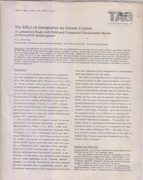 The Effect of Immigration on Genetic Control: A Laboratory Study with Wild and Compound Chromosome Stocks of Drosophila melanogaster  by McKenzie, J.A.