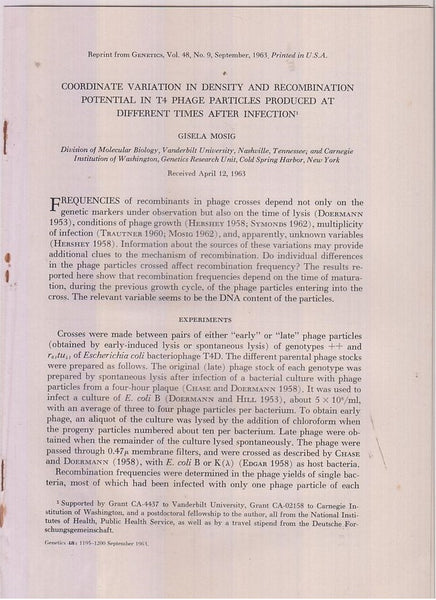 Coordinate Variation in Density and Recombination Potential in T4 Phage Particles Produced at Different Times after Infection  by Mosig, Gisela