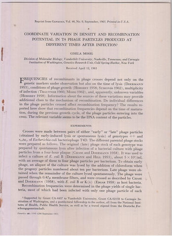 Coordinate Variation in Density and Recombination Potential in T4 Phage Particles Produced at Different Times after Infection  by Mosig, Gisela