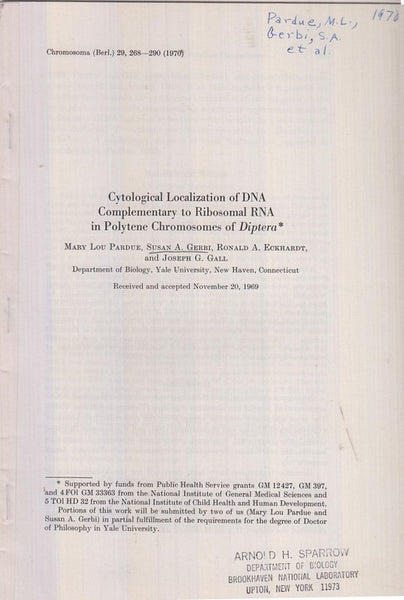 Cytological Localization of the DNA Complementary to Ribosomal RNA in Polytene Chromosomes of Diptera  by Pardue, Mary Lou, Susan A. Gerbi, Ronald A. Eckhardt, and Joseph G. Gall