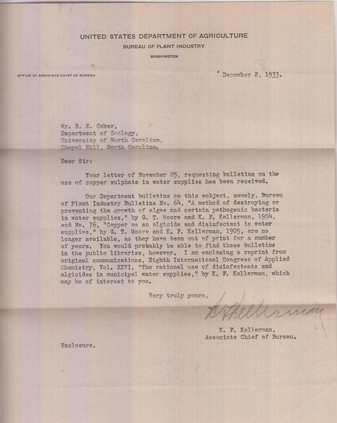 Letter to R.E. Coker Responding about Bulletins on the use of copper sulphate in water supplies  by Kellerman, K.F.