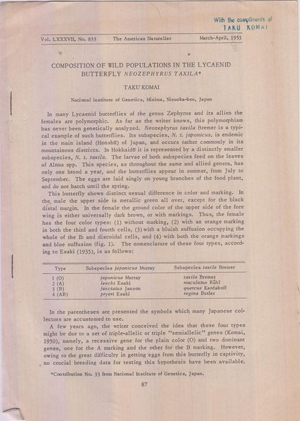 Composition of Wild Populations in the Lycaenid Butterfly Neozephyrus Taxila  by Komai, Taku