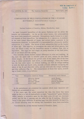 Composition of Wild Populations in the Lycaenid Butterfly Neozephyrus Taxila  by Komai, Taku