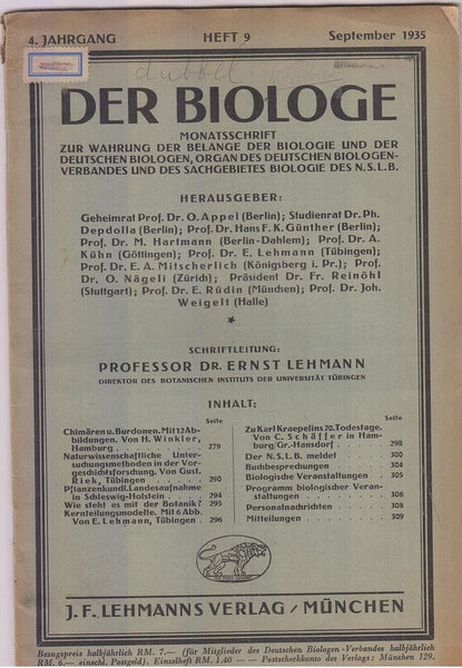 Der Biologe 4. Jahrgang, 9. Heft  by Lehmann, Ernst