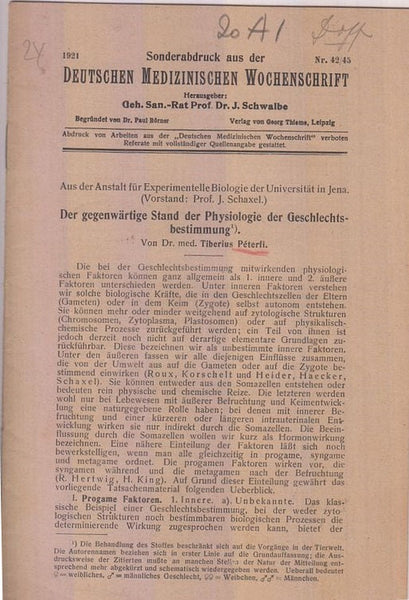 Der gegenwartige Stand der Physiologie der Geschelechtsbestimmung  by Peterfi, Tiberius
