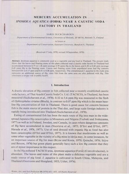 Mercury Accumulation in Ipomoea Aquatica (Forsk Near a Caustic Soda Factory in Thailand  by Suckcharoen, Saroj