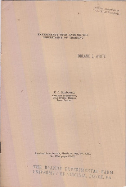 Experiments with Rats on the Inheritance of Training  by Macdowell, E.C.