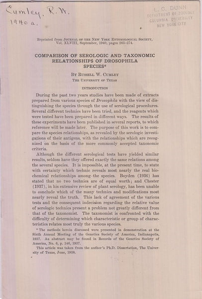 Comparison of Serologic and Taxonomic Relationships of Drosophila Species  by Cumley, Russell W.