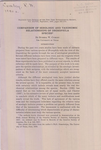 Comparison of Serologic and Taxonomic Relationships of Drosophila Species  by Cumley, Russell W.