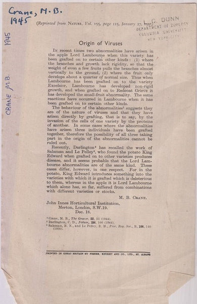 Origin of Viruses  by Crane, M.B.