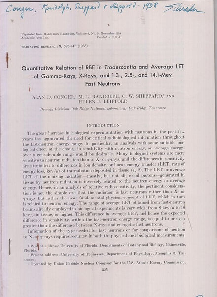 Quantitative Relation of RBE in Transcantia and Average LET of Gamma-Rays, X-Rays and 1.3-, 2.5-, and 14.1-Mev Fast Neutrons  by Conger, Alan D., M.L. Randolph, C.W. Sheppard, Helen J. Luipold