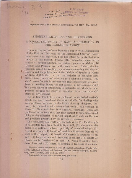 A Neglected Paper on Natural Selection in the English Sparrow  by Harris, J. Arthur