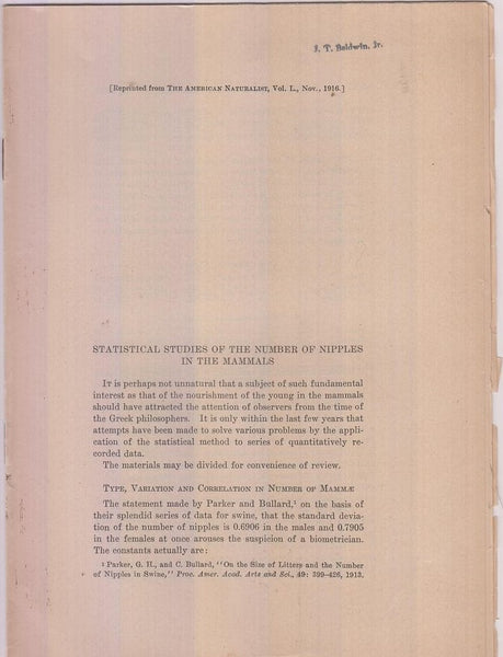 Statistical Studies of the Number of Nipples in the Mammals  by Harris, J. Arthur