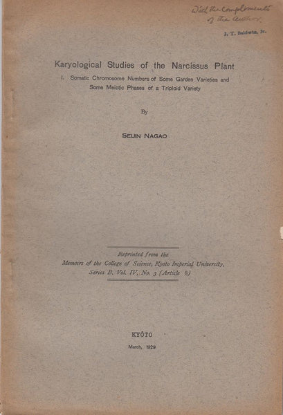 Karyological Studies of the Narcissus Plant. I. Somatic Chromosome Numbers of Some Garden Varieties and Some Meiotic Phases of a Triploid Variety