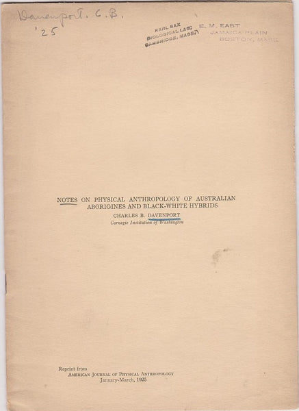 Notes on Physical Anthropology of Australian Aborigines and Black-White Hybrids