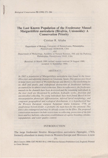 The Last Known Population of the Freshwater Mussel Margaritifera auricularia (Bivalvia, Unionoida): A Conservation Priority