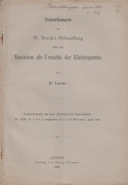 Bemerkungen zu W. Burck's Abhandlung uber die Mutation als Ursache der Kleistogamie