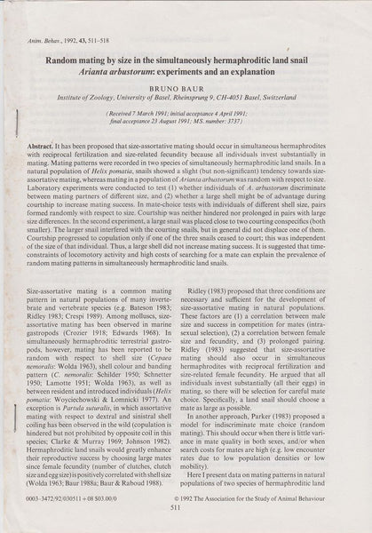 Random Mating by Size in the Simultaneously Hermaphroditic Land Snail Arianta Arbustorum: Experiments and an Explanation