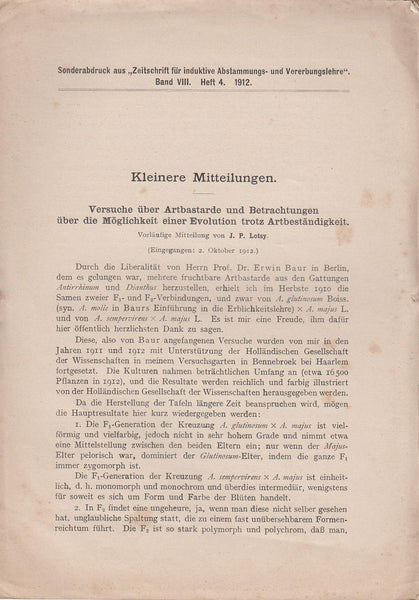 Versuche uber Artbastarde und Betrachtungen uber die Moglichkeit einer Evolution trotz Artbestandigkeit  by Lotsy, J.P.