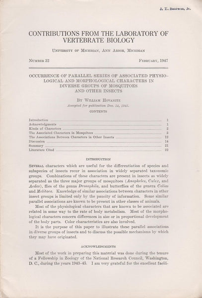 Occurrence of Parallel Series of Associated Physiological and Morphological Characters in Diverse Groups of Mosquitos and Other Insects