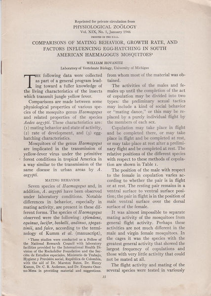 Comparisons of Mating Behavior, Growth Rate, and Factors Influencing Egg-Hatching in South American Haemagogus Mosquitoes