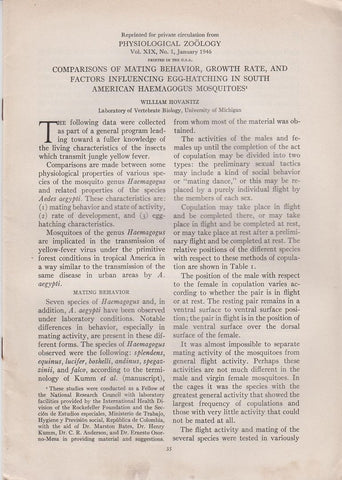 Comparisons of Mating Behavior, Growth Rate, and Factors Influencing Egg-Hatching in South American Haemagogus Mosquitoes