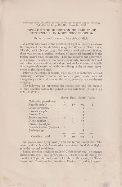 Note on the Direction of Flight of Butterflies in Northern Florida