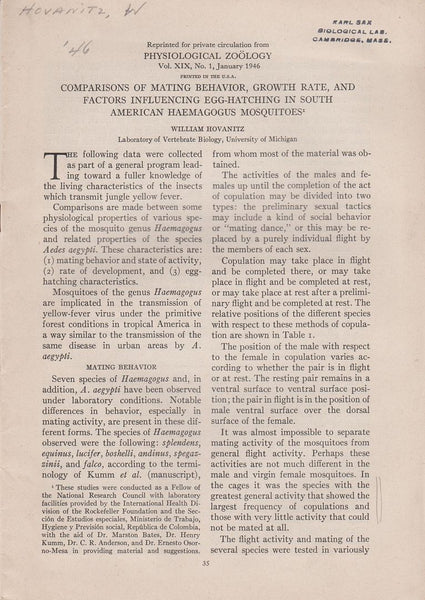 Comparisons of Mating Behavior, Growth Rate, and Factors Influencing Egg-Hatching in South American Haemagogus Mosquitoes