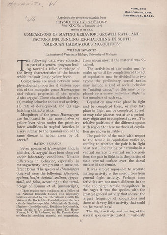 Comparisons of Mating Behavior, Growth Rate, and Factors Influencing Egg-Hatching in South American Haemagogus Mosquitoes