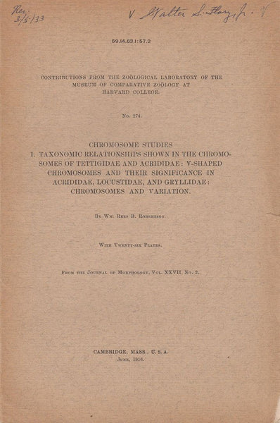 Chromosome Studies I. Taxonomic Relationships shown in the Chromosomes of Tettigidae and Acrididae: V-Shaped Chromosomes and their Significance in Acrididae, Locustidae, and Gryllidae: Chromosomes and Variation
